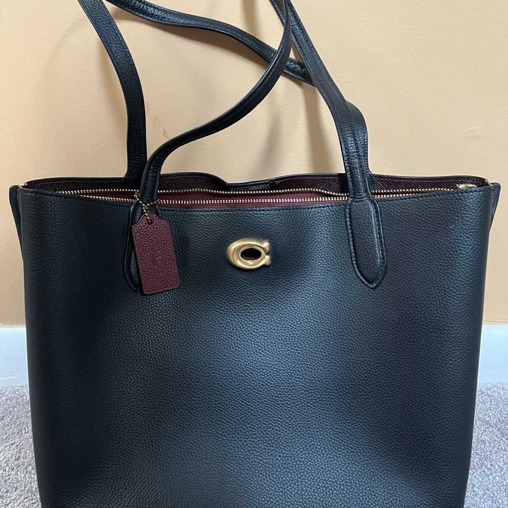 Coach Black Leather Tote with Gold Emblem